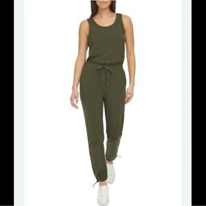 Andrew Marc Army Green Sleeveless Jersey Cinch Jumpsuit Athleisure Size L NWT